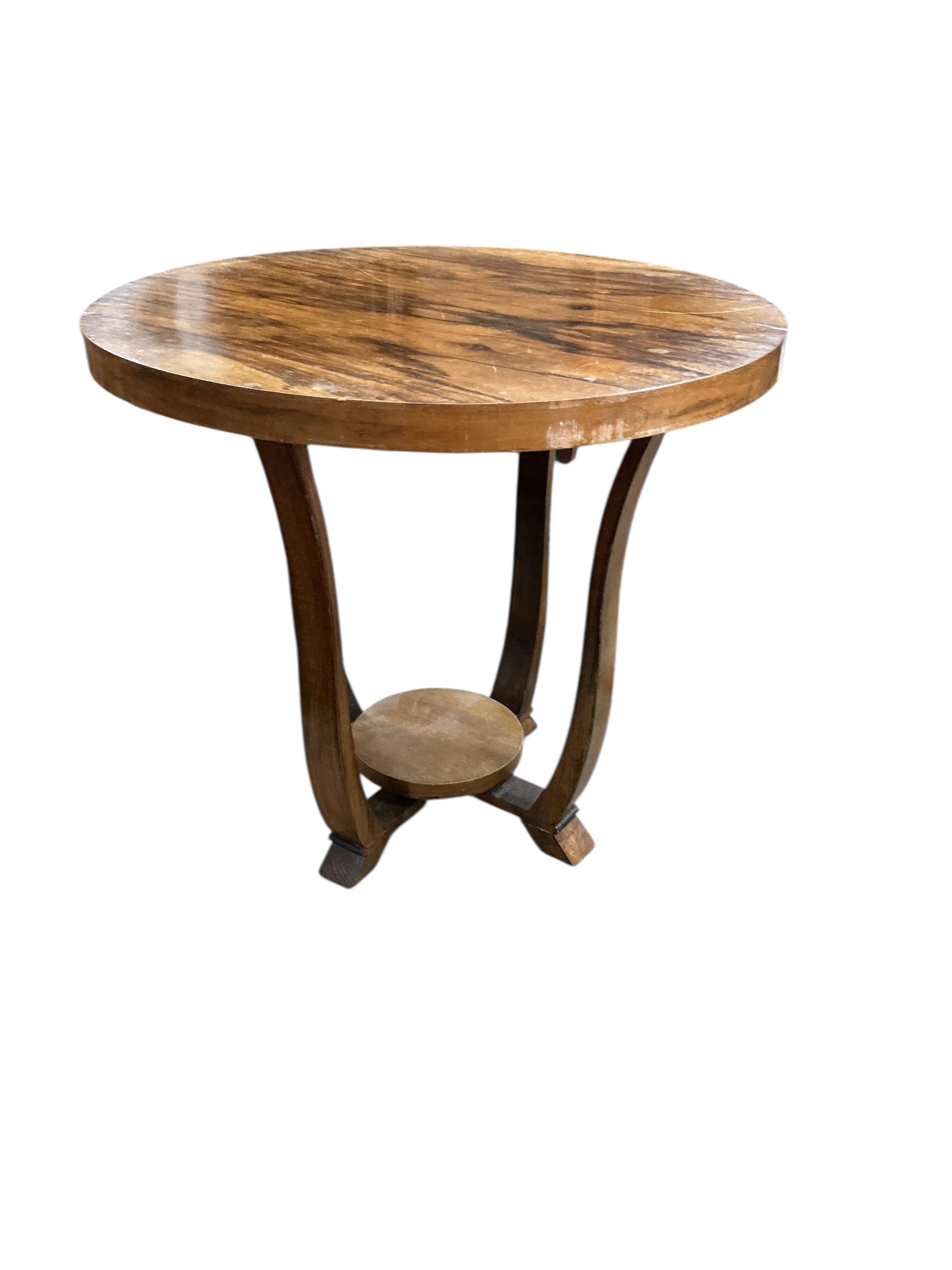 A French Art Deco circular walnut occasional table, diameter 59cm, height 54cm